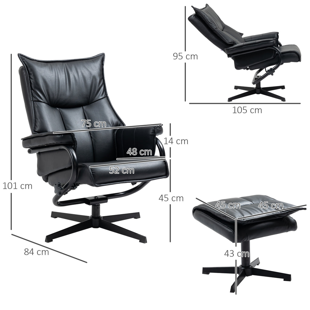 HOMCOM Relaxsessel mit Hocker, drehbar, neigbare Rückenlehne, Stahlrahmen, schwarz