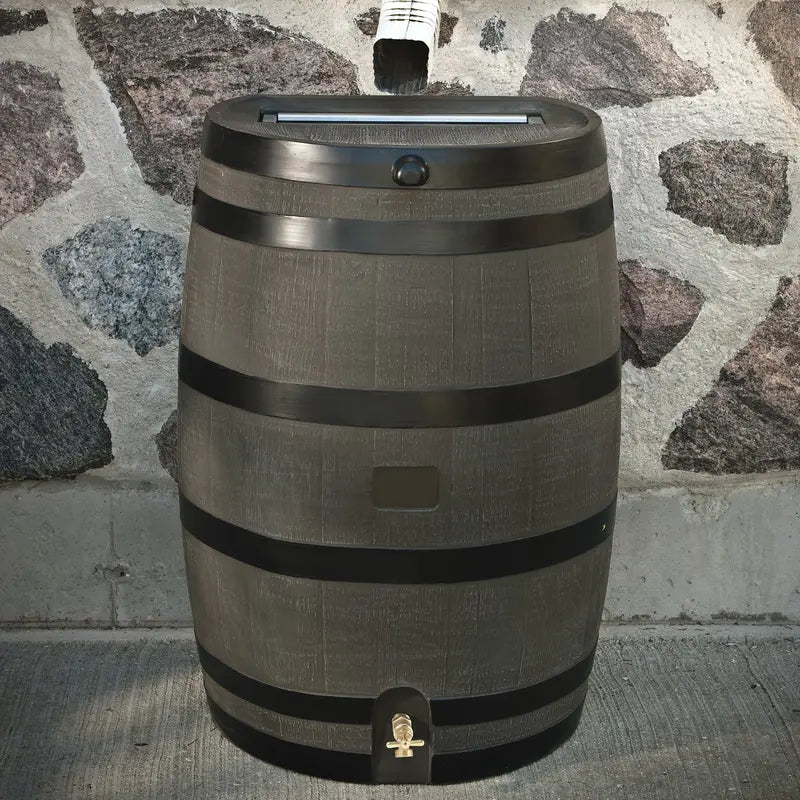 RTS Home Accents Polyethylene 50 Gallon Flat Back Brass Spigot Rain Barrel, Woodgrain with Black Stripes Color