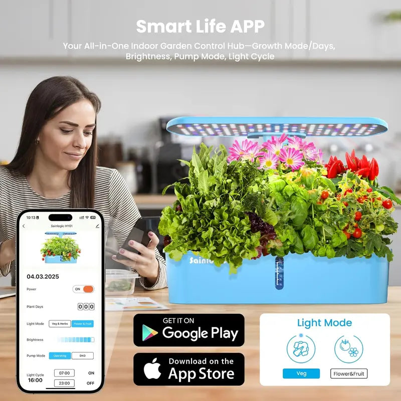Sainlogic Smart Hydroponic Garden Kit | 12-Pod WiFi-Enabled Indoor Growing System with APP Control, 24W Full-Spectrum LED, Quiet Pump & Multi-Plant Compatibility