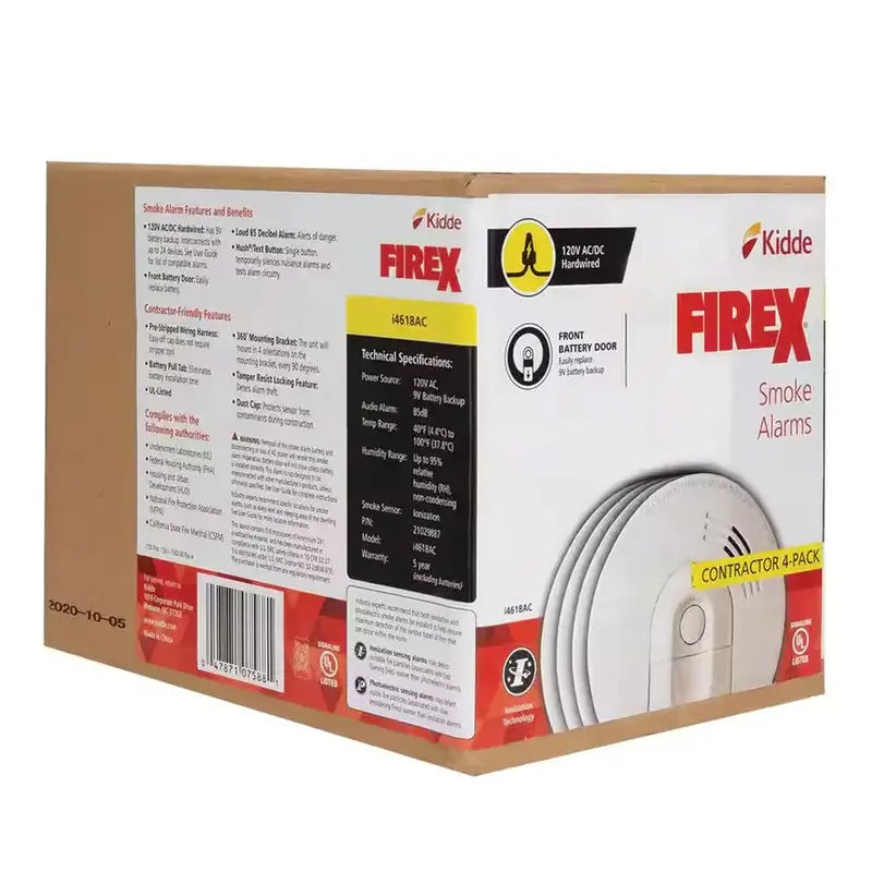 i4618 Hardwired Smoke Alarm – 4-Pack Ionization Detector with 120V AC Power & 9V Backup Battery