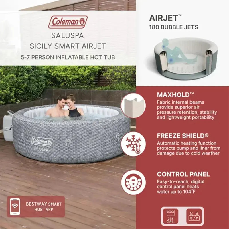 SaluSpa Sicily Inflatable Hot Tub  7-Person Round Portable Spa with 180 AirJets & Energy-Saving Design