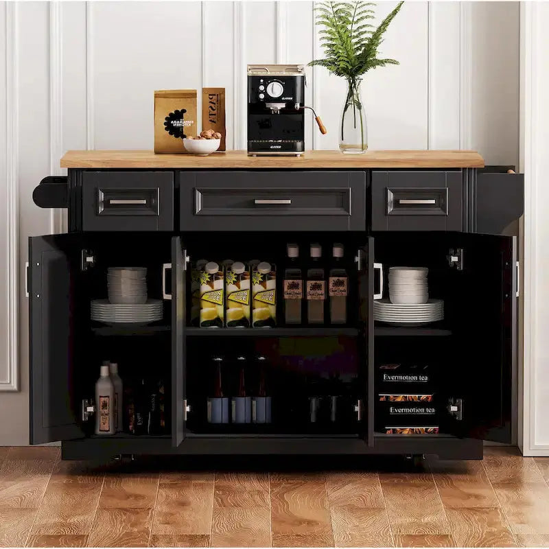 Rubberwood Rolling Kitchen Island  54 Drop-Leaf Cart with 4 Doors, 3 Drawers, and Embossed Texture