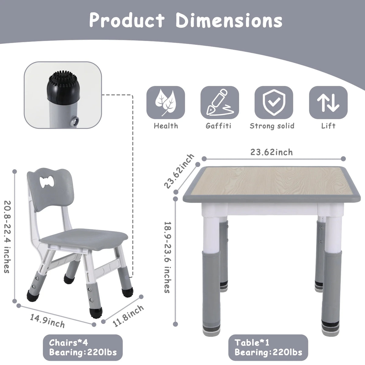 Arlopu 5 Pcs Kids Table and Chairs Set, Height Adjustable, Toddlers Activity Table & 4 Chairs Set for Study, Grey