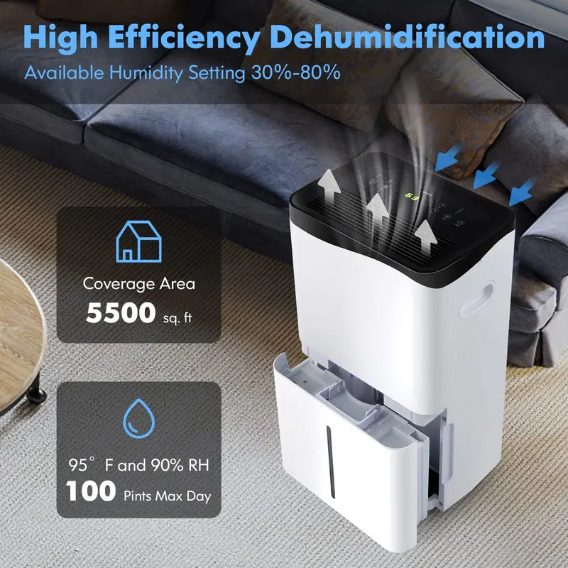 Smart 100-Pint Dehumidifier  Wi-Fi Enabled App Control, Alexa Compatibility & Coverage up to 5500 Sq. Ft.