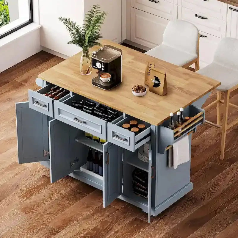 Rubberwood Rolling Kitchen Island  54 Drop-Leaf Cart with 4 Doors, 3 Drawers, and Embossed Texture