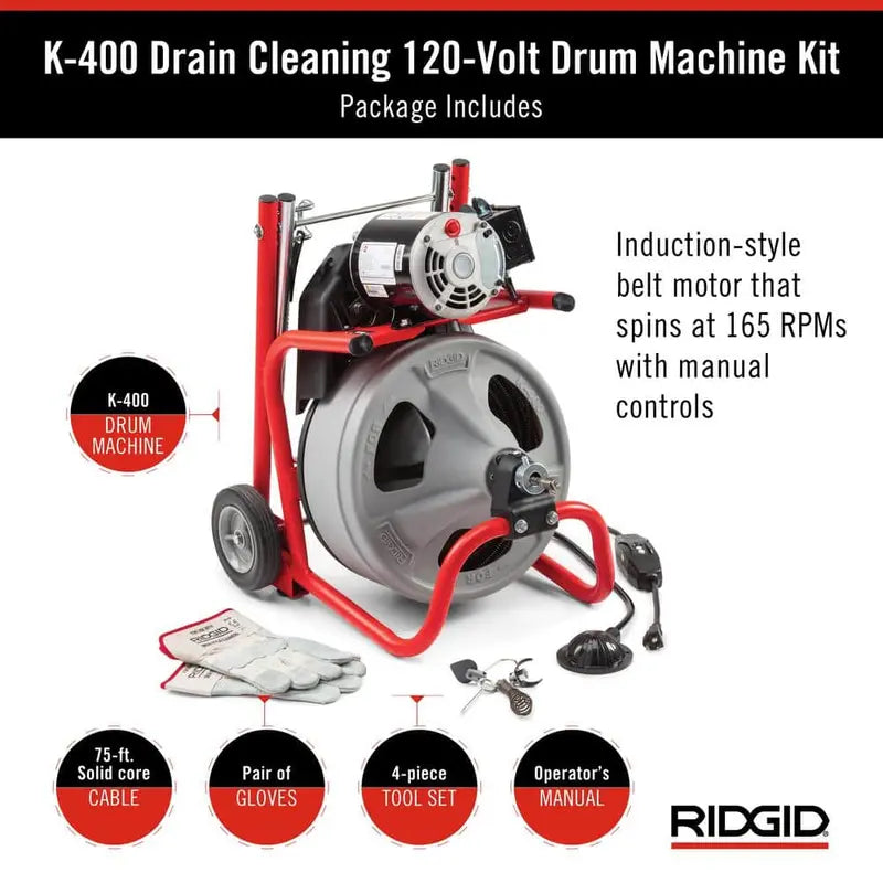 K-400 Drain Auger – 120V Electric Snake with 75-Foot Cable, C-32IW Drum Machine & 4-Piece Tool Kit