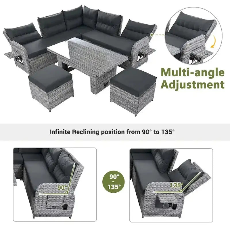 Modular Outdoor Rattan Seating Set with Reclining Chairs, Ottomans, and Adjustable Table