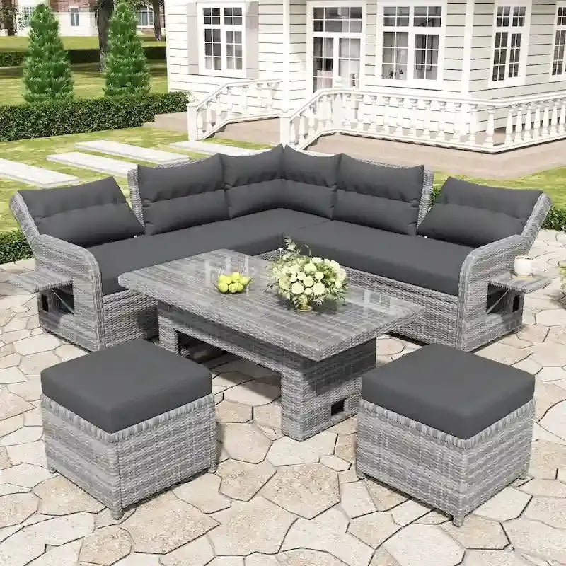 Modular Outdoor Rattan Seating Set with Reclining Chairs, Ottomans, and Adjustable Table