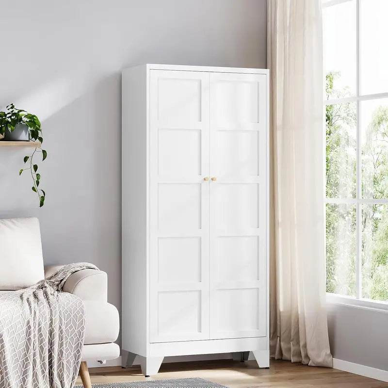 Industrial-Style Metal Storage Cabinet Featuring Two Doors and Four Adjustable Shelves